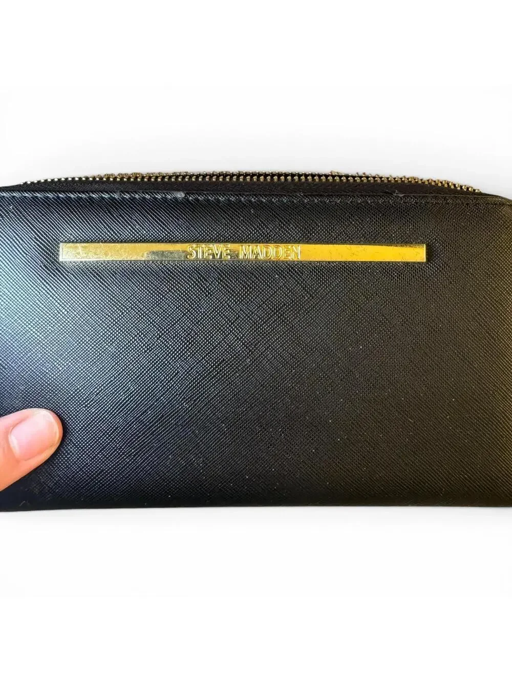 Steve Madden Large Black Pleather Wallet Bifold Gold Colored Hardware GC